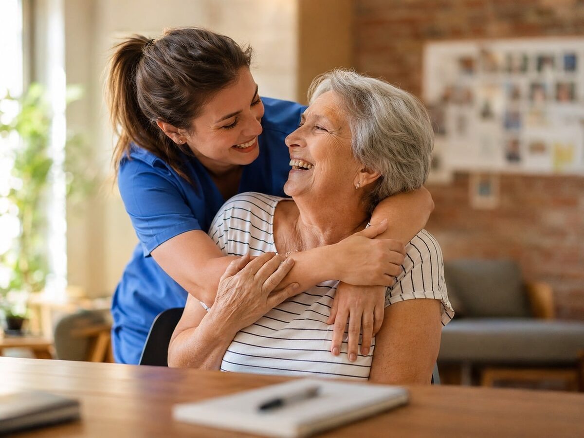 Care nurse in scrubs embracing a smiling senior woman in a home setting.
