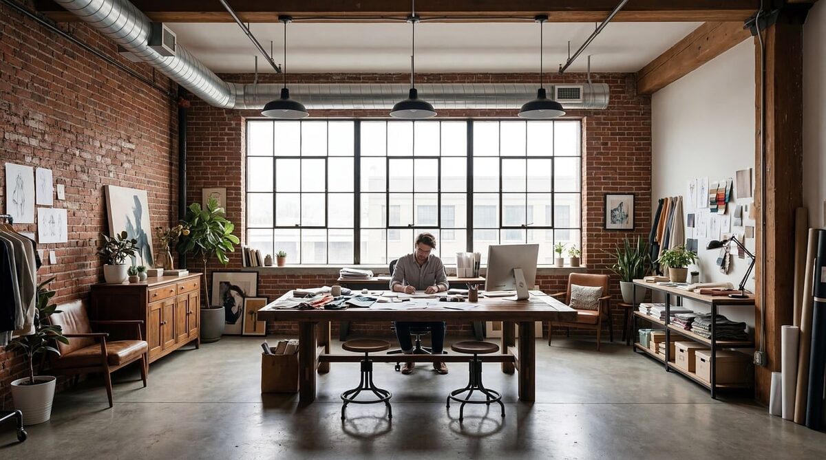 Loft office with one seated occupant marked by a radar detection box and an occupancy status panel reading one person sitting, no critical biomarkers, all clear.